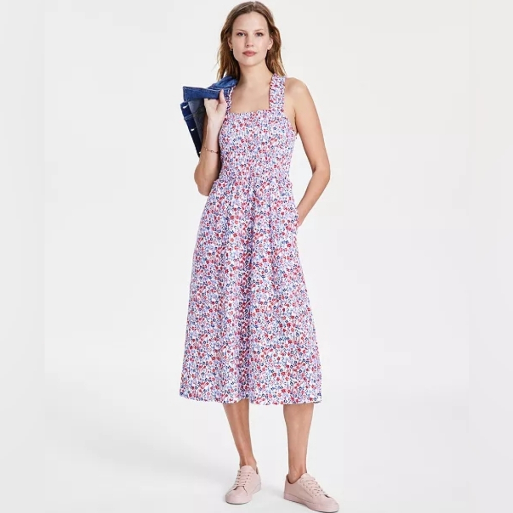 NWT Tommy Hilfiger Red White Blue Smocked Floral Cotton Midi Dress Size Large